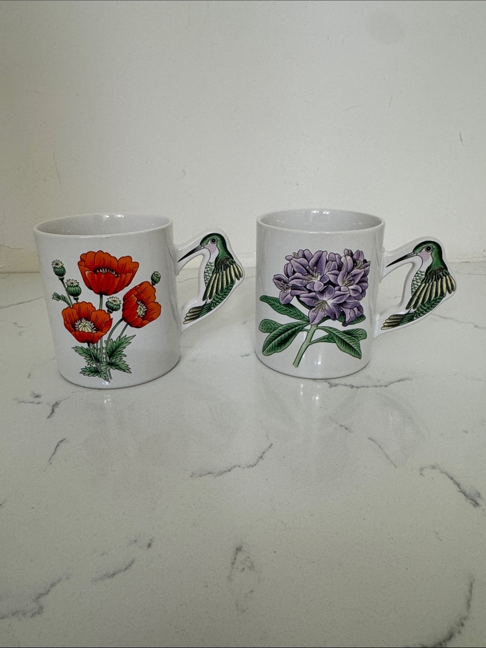 Vintage Hummingbird Ceramic Mug - Red Poppy or Purple Hydrangea set of two
